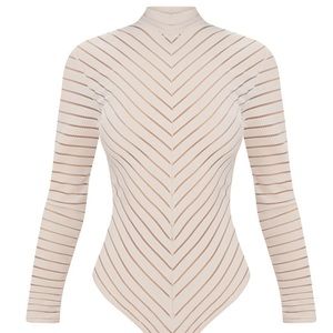 Nude Chevron Mesh Long Sleeve Thong Bodysuit
